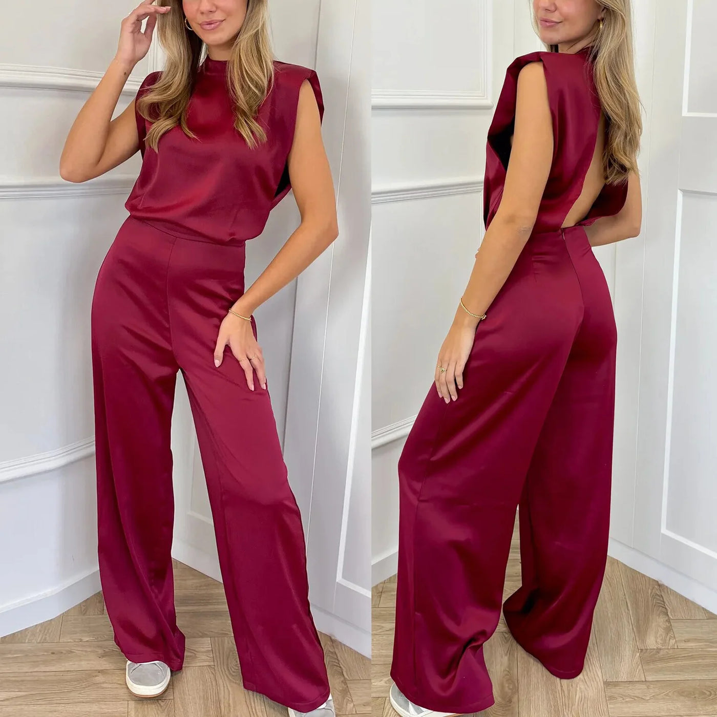 Satin Halter Wide Leg Jumpsuit - Backless Zipper Summer Outfit