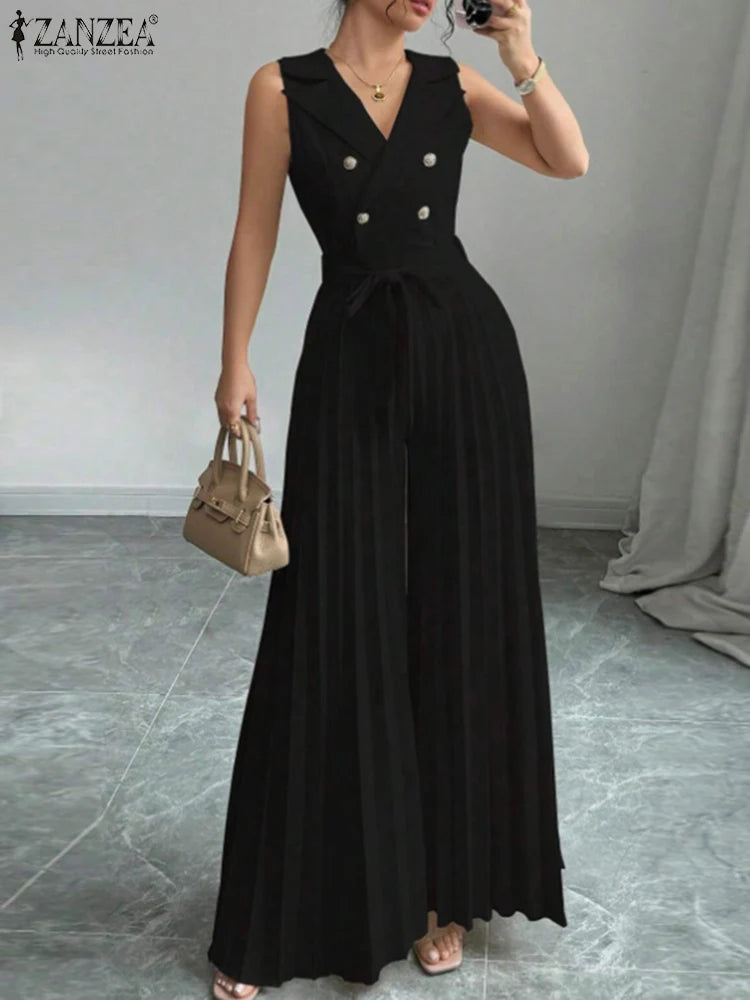 ZANZEA V Neck Pleated Jumpsuit - Sleeveless Wide Leg Workwear