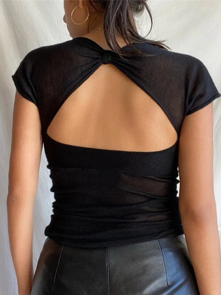 Square Collar Backless Crop Top - Slim Summer Short Sleeve Tee