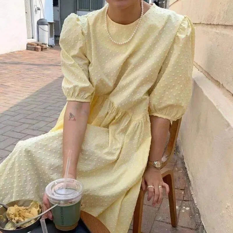 Polka Dot Puff Sleeve Long Dress - Casual O Neck Party Outfit
