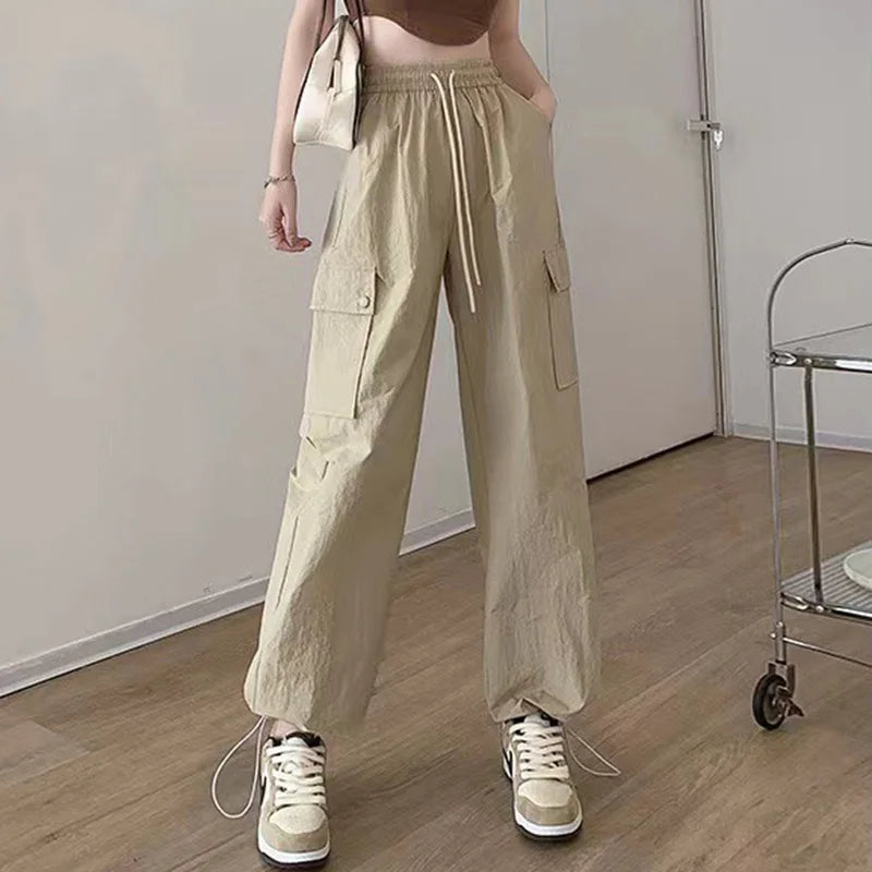 Big Pocket Wide Leg Cargo Pants - Elastic Waist Street Trousers