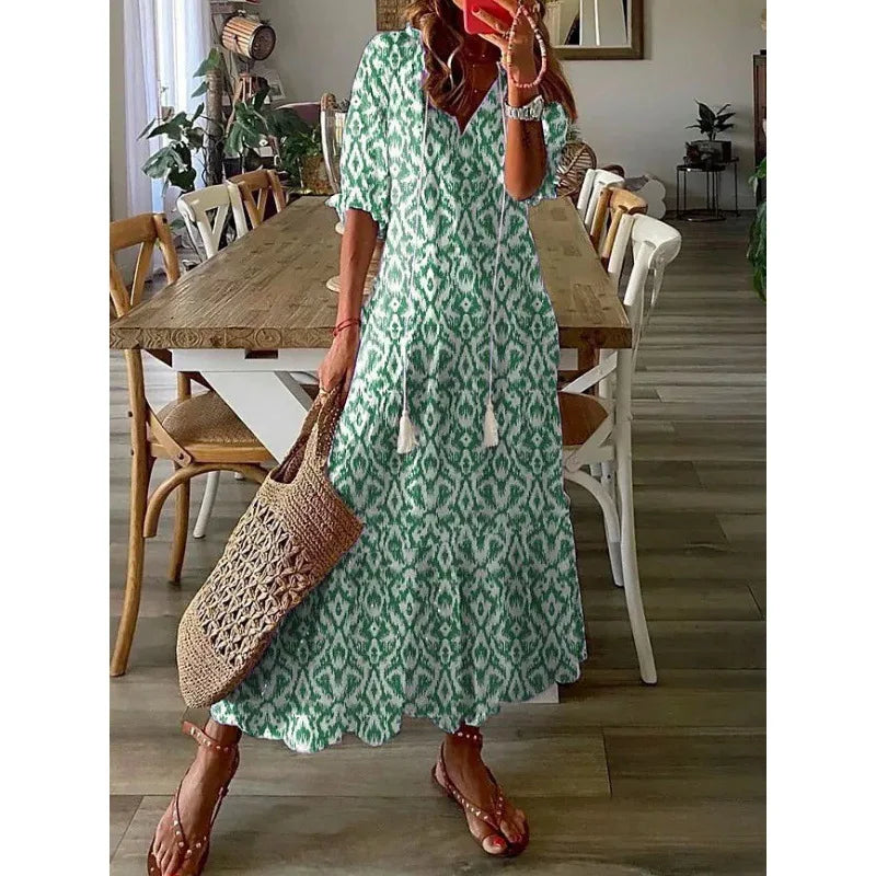 Bohemian Floral V Neck Maxi Dress - Drawstring Beach Vacation Outfit