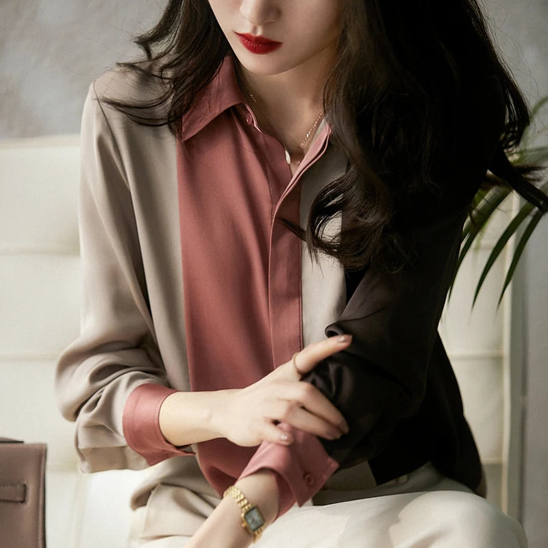 Satin Button Blouse - Long Sleeve Polo Collar Office Shirt