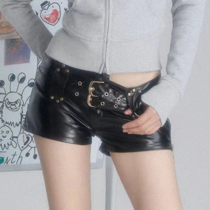 Low Waist PU Leather Shorts - Retro Y2K Nightclub Bodycon Shorts