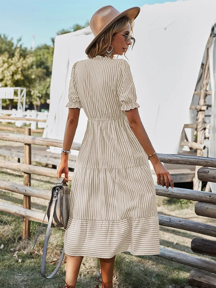Striped Lantern Sleeve Midi Dress - V Neck Button Ruffle Summer Outfit