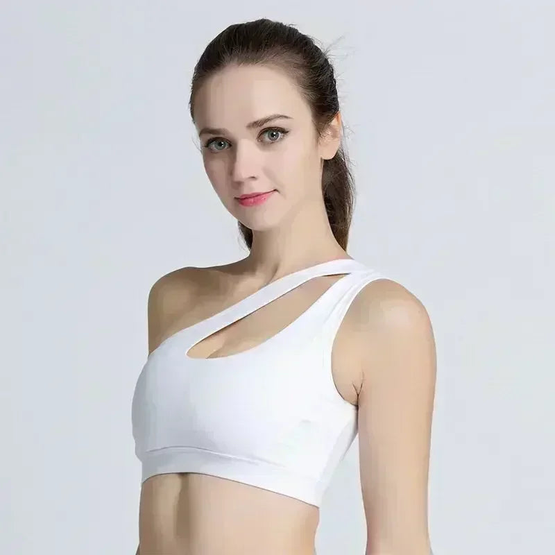 One Shoulder Yoga Sports Bra - Wire Free Push Up Crop Top
