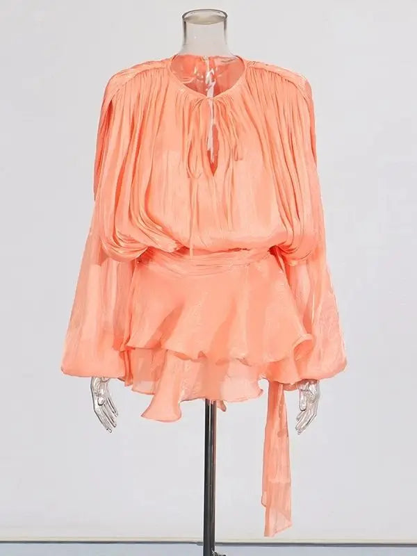 Lace Up Blouse Mini Dress - V Neck Long Sleeve Sweet Style Outfit