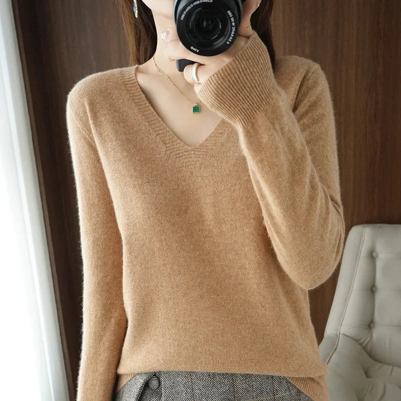 V Neck Stretch Pullover Sweater - Slim Solid Knitwear Top