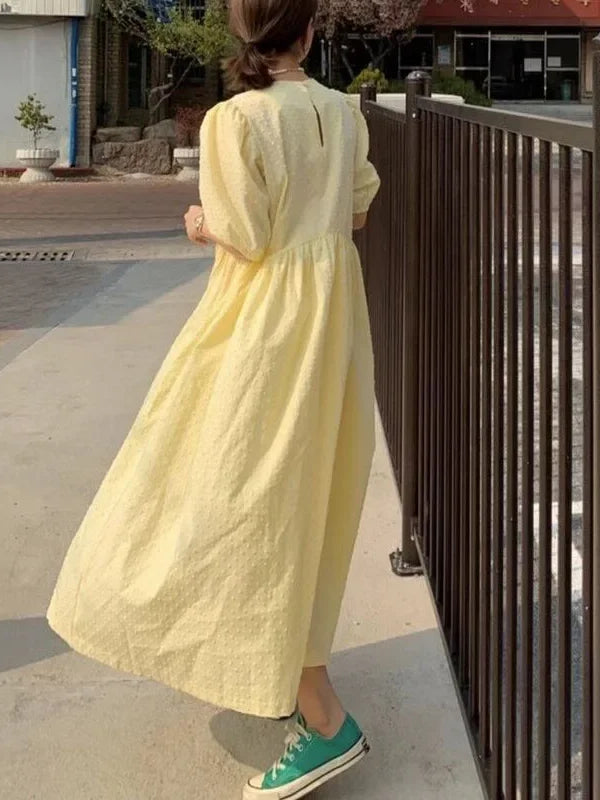 Polka Dot Puff Sleeve Long Dress - Casual O Neck Party Outfit