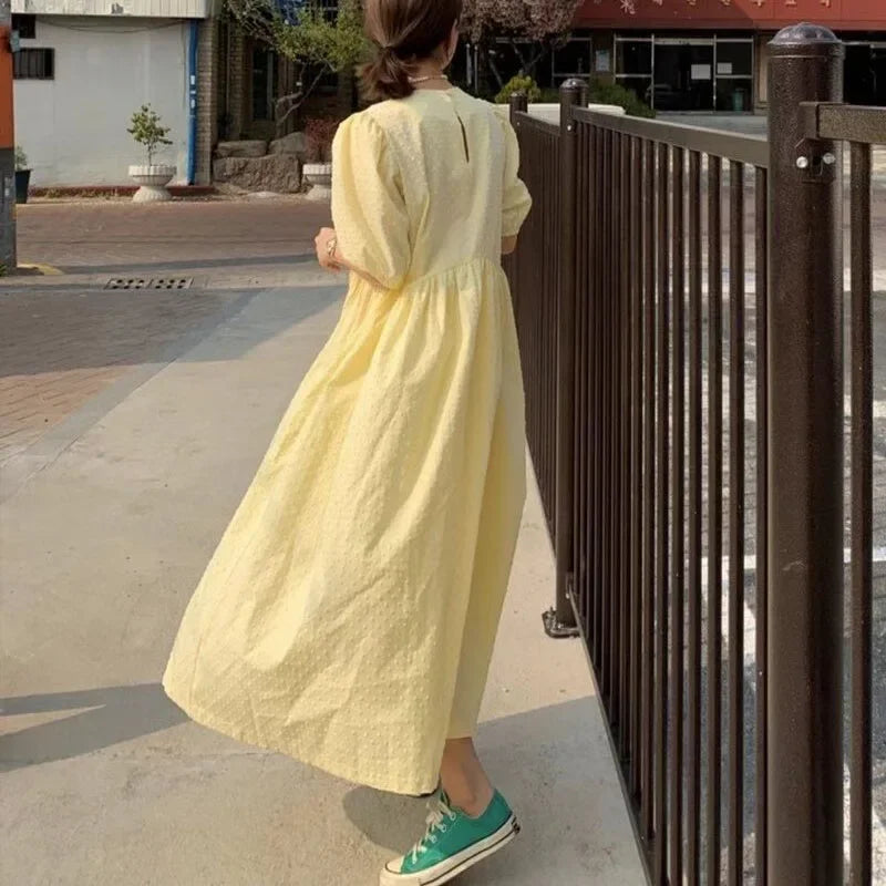 Polka Dot Puff Sleeve Long Dress - Casual O Neck Party Outfit