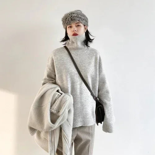 Korean Half High Collar Sweater - Loose Solid Autumn Pullover