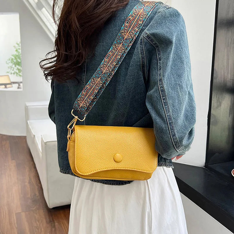 Wide Strap PU Leather Crossbody Bag - Small Flap Shoulder Purse