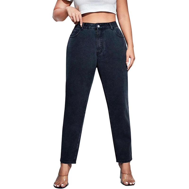 Plus Size Dark Blue Stretch Jeans - Loose Straight Autumn Denim Pants