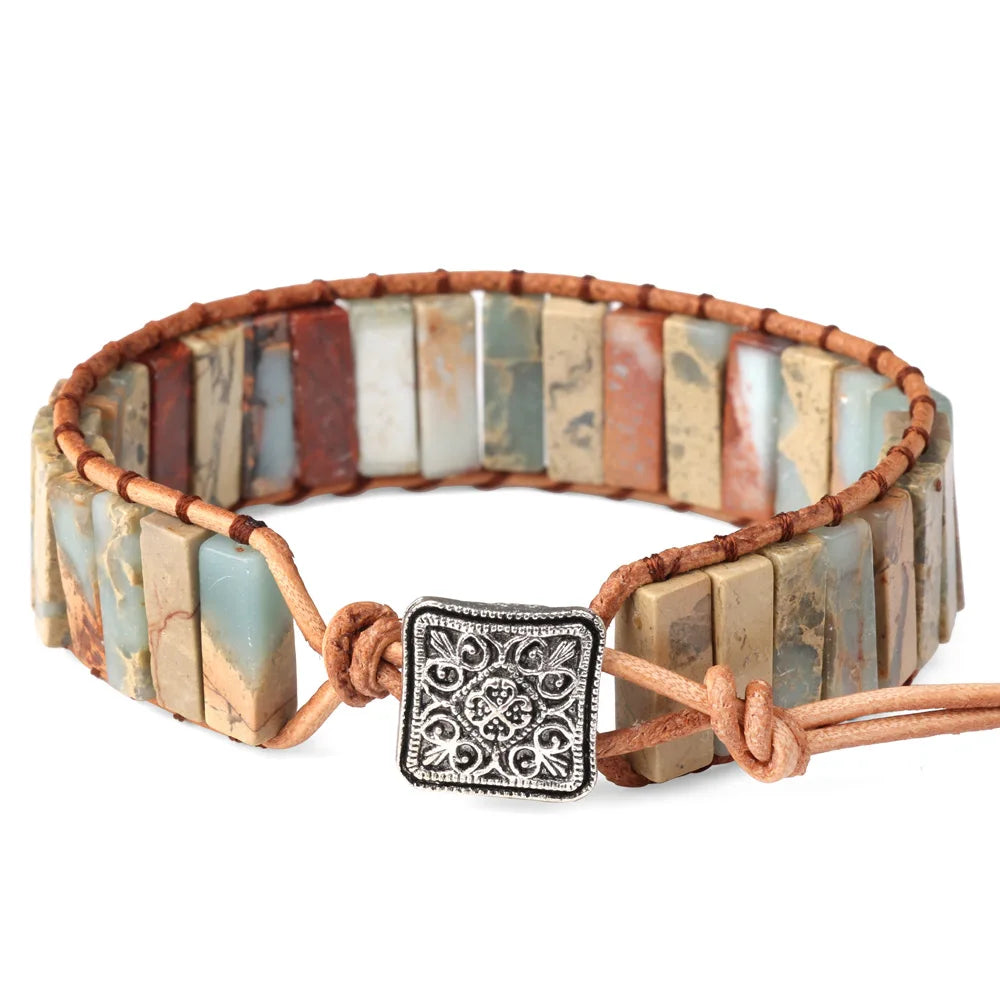 Multicolor Natural Stone Leather Wrap Bracelet - Tibetan Gypsy Bead Jewelry