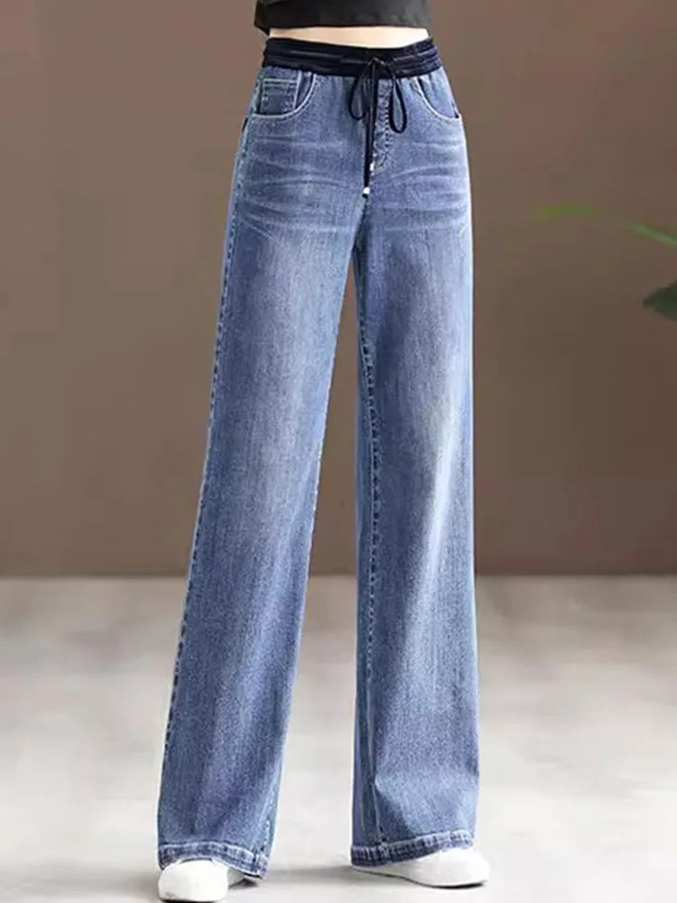 Elastic High Waist Baggy Jeans - Korean Oversized Wide Leg Denim