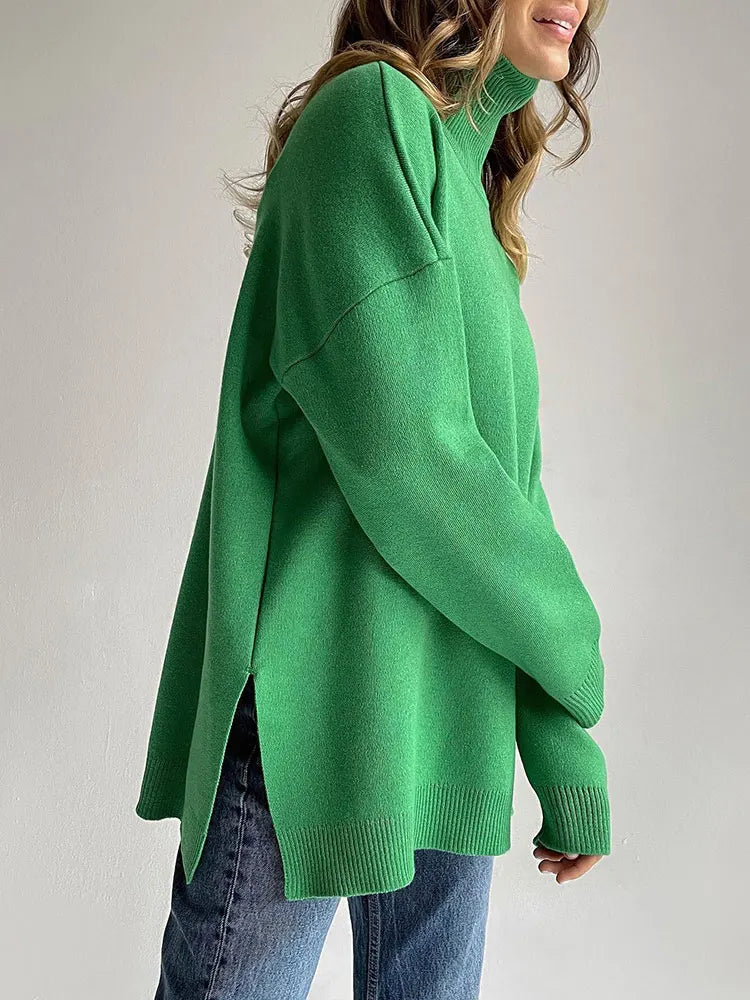 Side Split Turtleneck Sweater - Oversize Knitted Autumn Pullover
