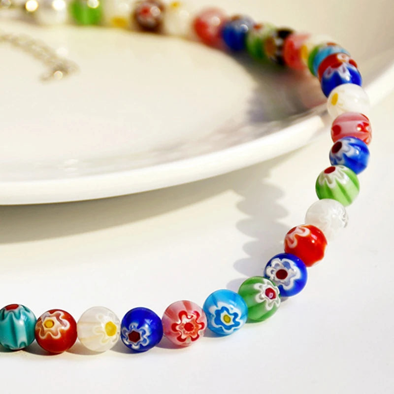 Multicolor Glass Bead Short Necklace - Boho Spring Summer Jewelry