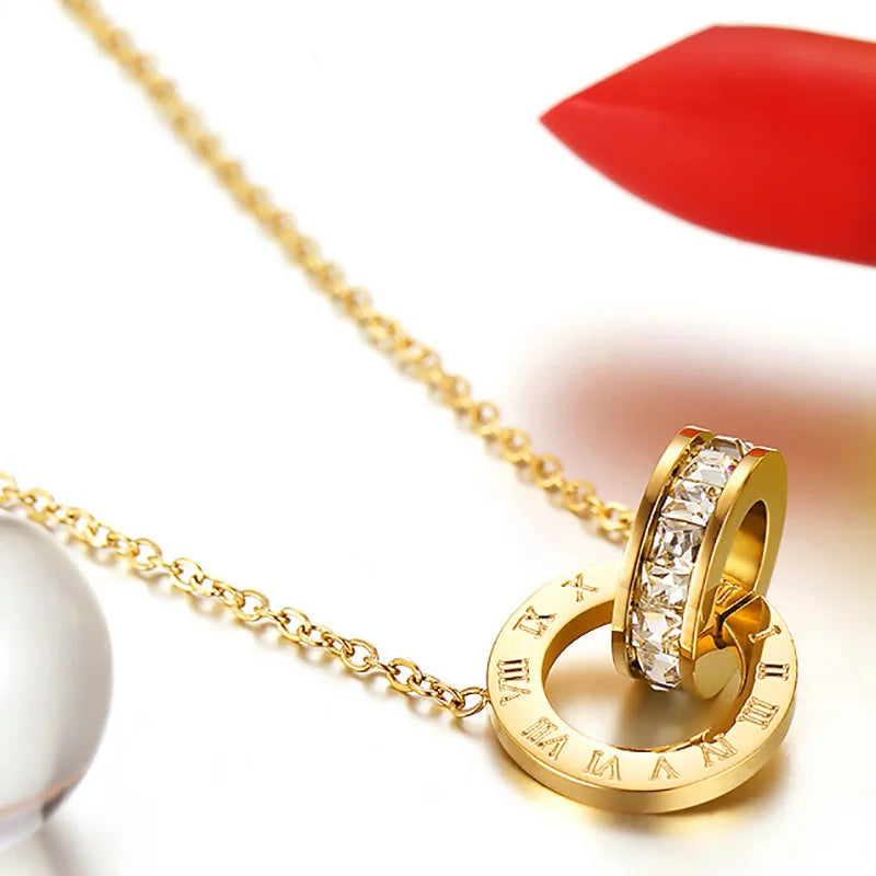 Crystal Circle Roman Choker Necklace - Stainless Steel Pendant Jewelry