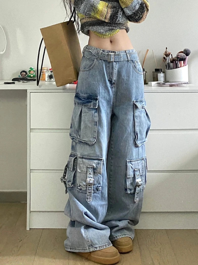 Multi-Pocket Cargo Jeans - American Street Baggy Wide Leg Denim