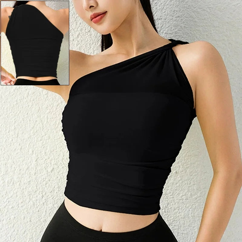 One Shoulder Yoga Sports Bra - Wire Free Push Up Crop Top