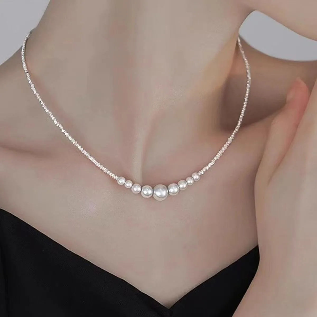 Short Pearl Layered Necklace - Stainless Steel Minimalist Collar Chain