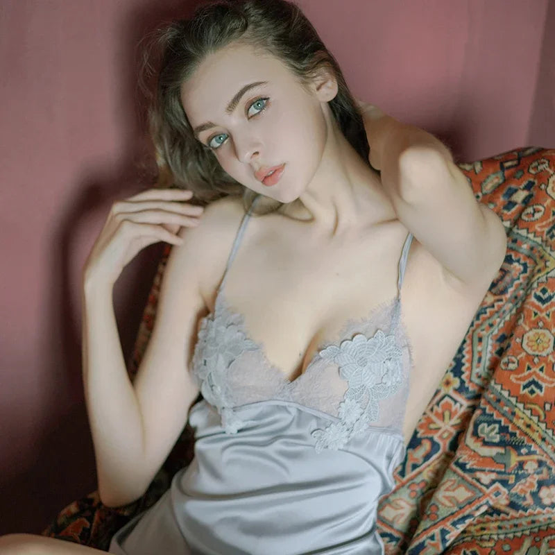 Lace Back Strap Nightgown - Flower Detail Solid Color Sleepwear
