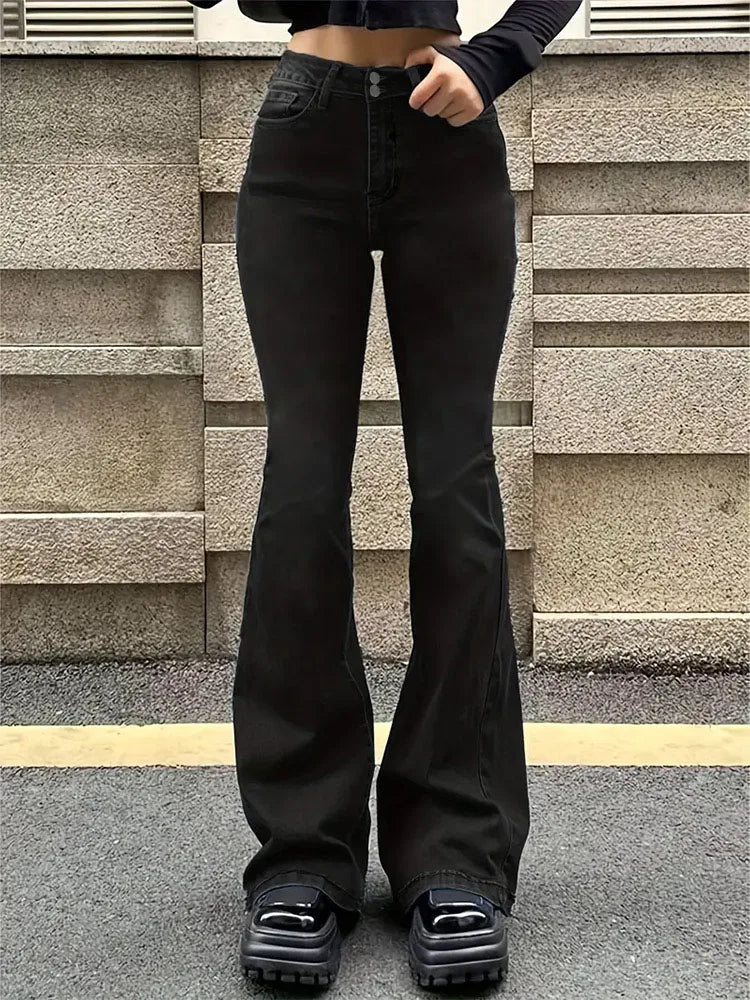 Flare Stretch Bell Bottom Jeans - Gray High Waist Y2K Denim