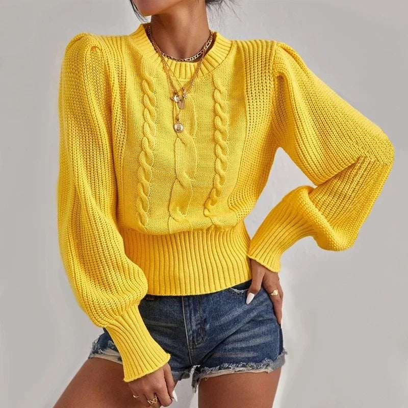Lantern Sleeve Knitted Sweater - Solid Loose Autumn Pullover