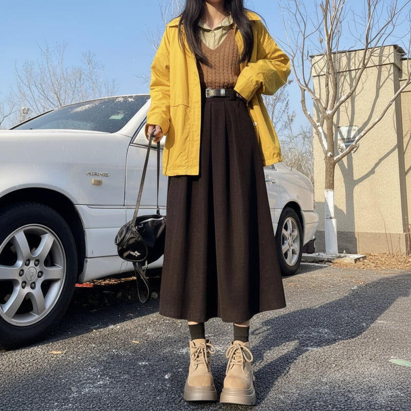 Corduroy Ruffle Pleated Midi Skirt - Vintage High Waist Belted Skirt