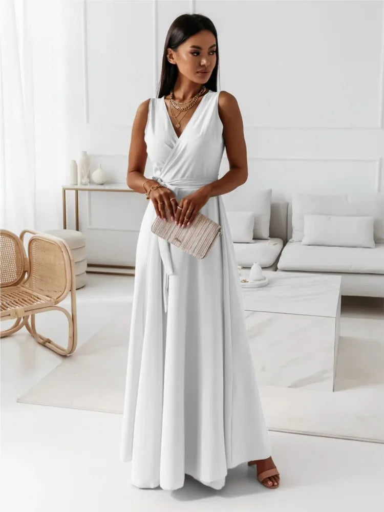 V Neck Lace Up Maxi Dress - Sleeveless Slim Party Outfit