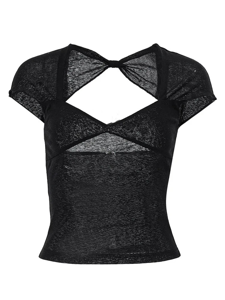 Square Collar Backless Crop Top - Slim Summer Short Sleeve Tee