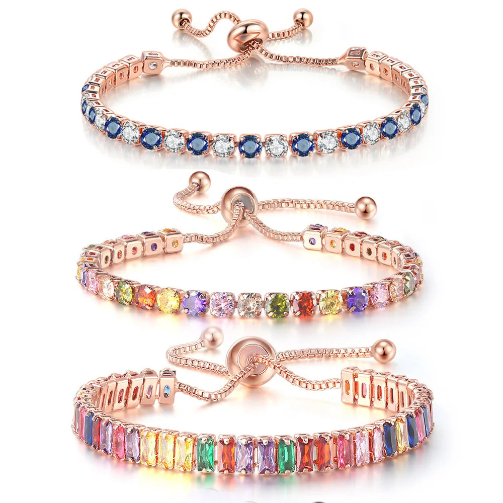 Adjustable Rainbow Zircon Tennis Bracelet - Colorful Wedding Hand Chain