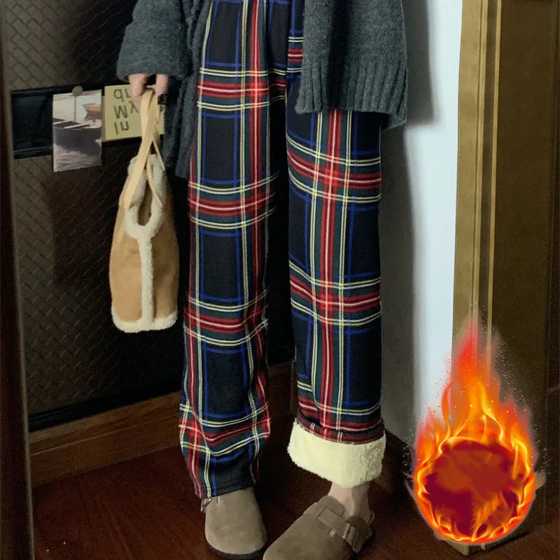 Fleece Lined Plaid Trousers - High Waisted Straight Winter Pants