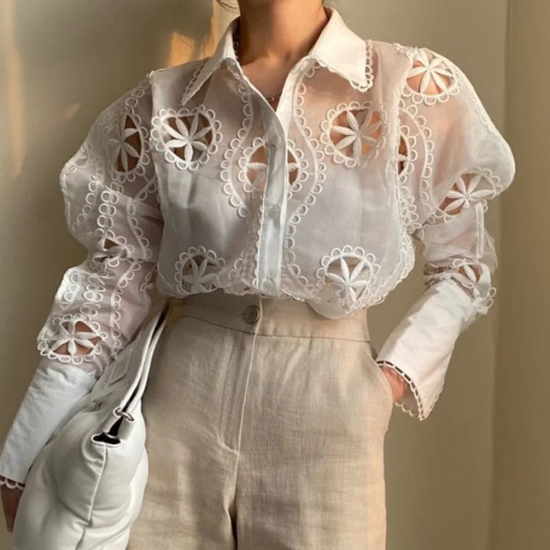White Embroidered Hollow Blouse - Long Sleeve Vintage Office Top