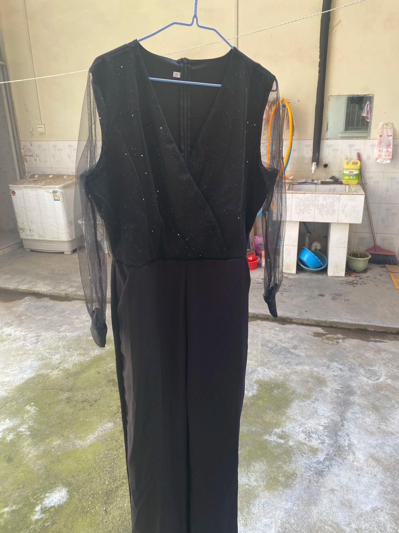 Long Sleeve Mesh Sequin Jumpsuit - V Neck Slim Evening Outfit