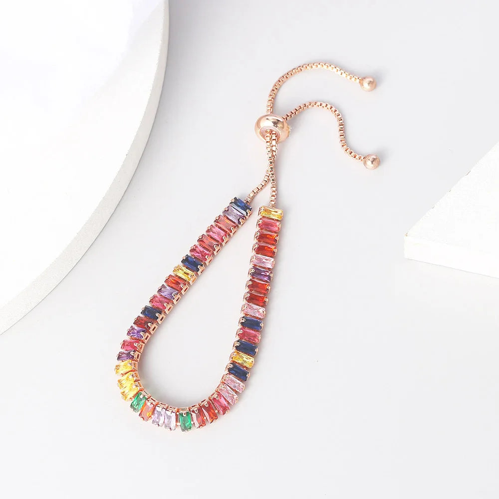 Adjustable Rainbow Zircon Tennis Bracelet - Colorful Wedding Hand Chain