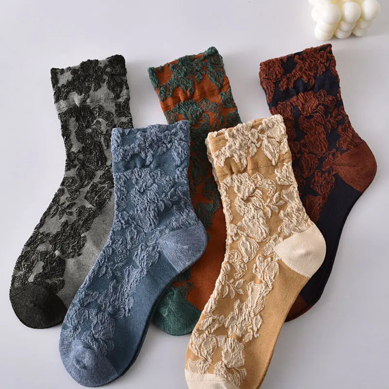 Floral Embossed Knit Socks - Retro Harajuku 5 Pair Style