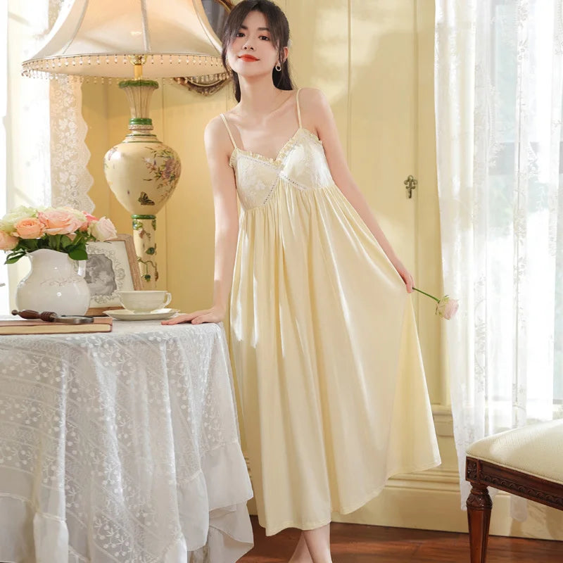 Embroidered Lace Cotton Nightdress - Palace Style Sling Sleepwear