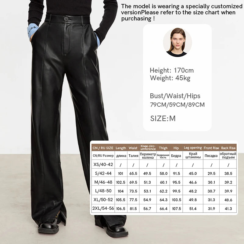 PU Leather Straight Slit Pants - Minimalist Floor Length Trousers
