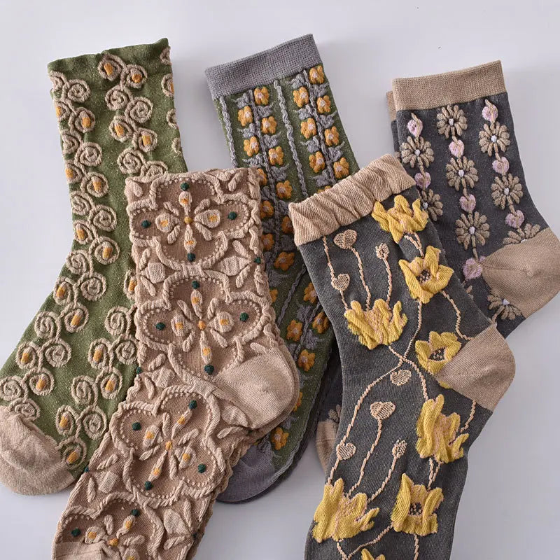 Floral Embossed Knit Socks - Retro Harajuku 5 Pair Style