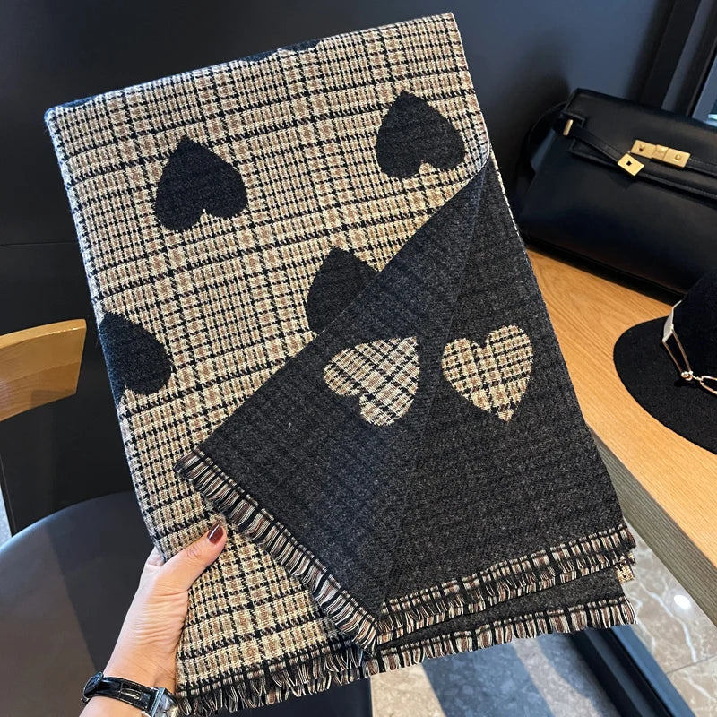Double Side Heart Plaid Scarf - Thick Warm Winter Shawl