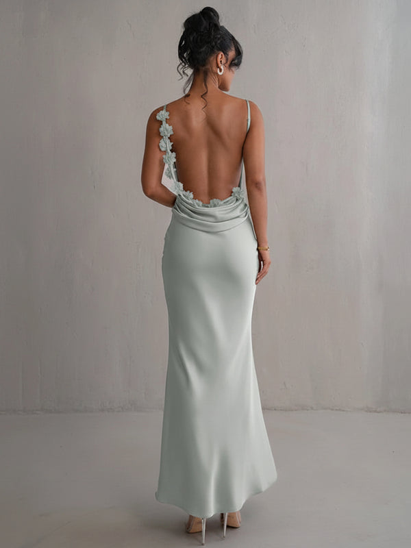 Floral Draped Backless Maxi Dress - Spaghetti Strap Bodycon Evening Outfit