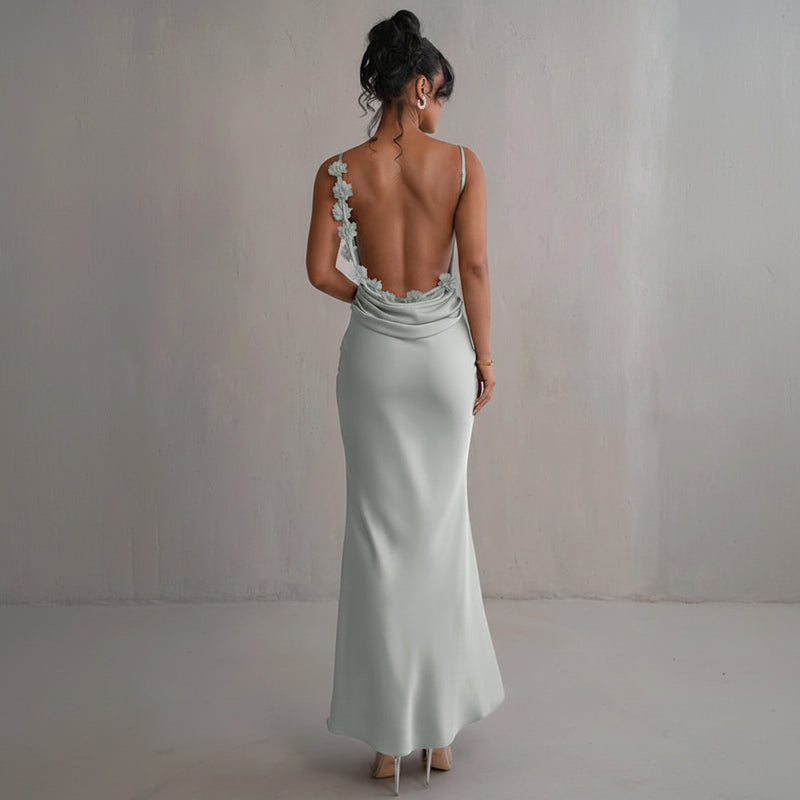 Floral Draped Backless Maxi Dress - Spaghetti Strap Bodycon Evening Outfit