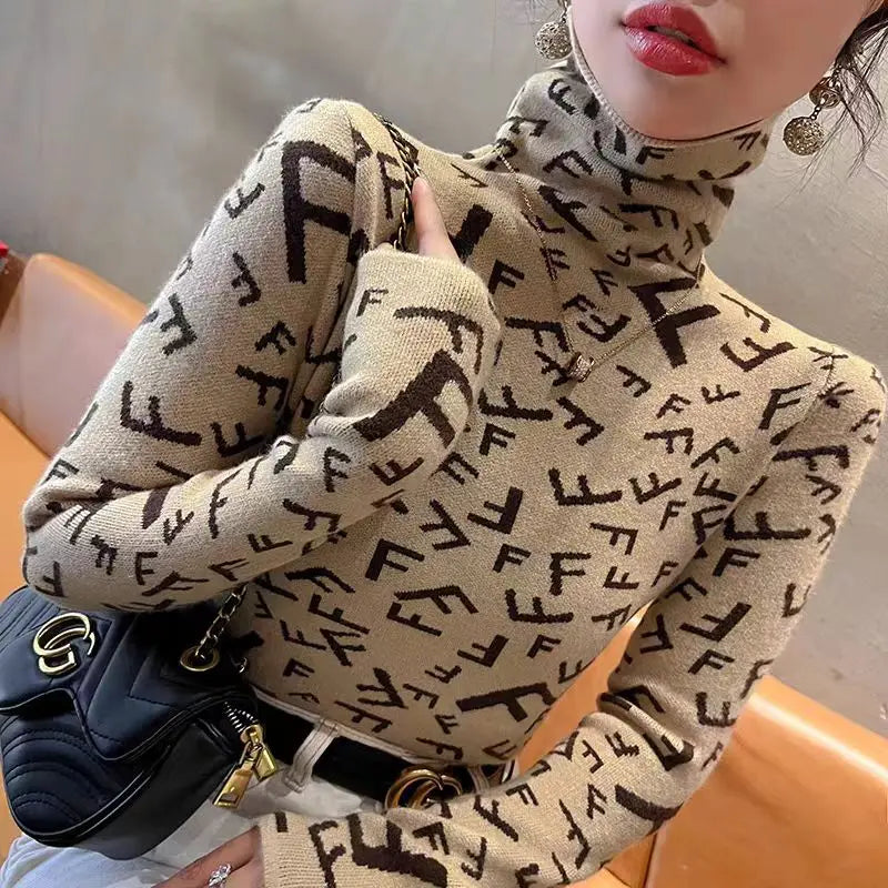 Letter Knit Half High Collar Sweater - Slim Autumn Winter Pullover
