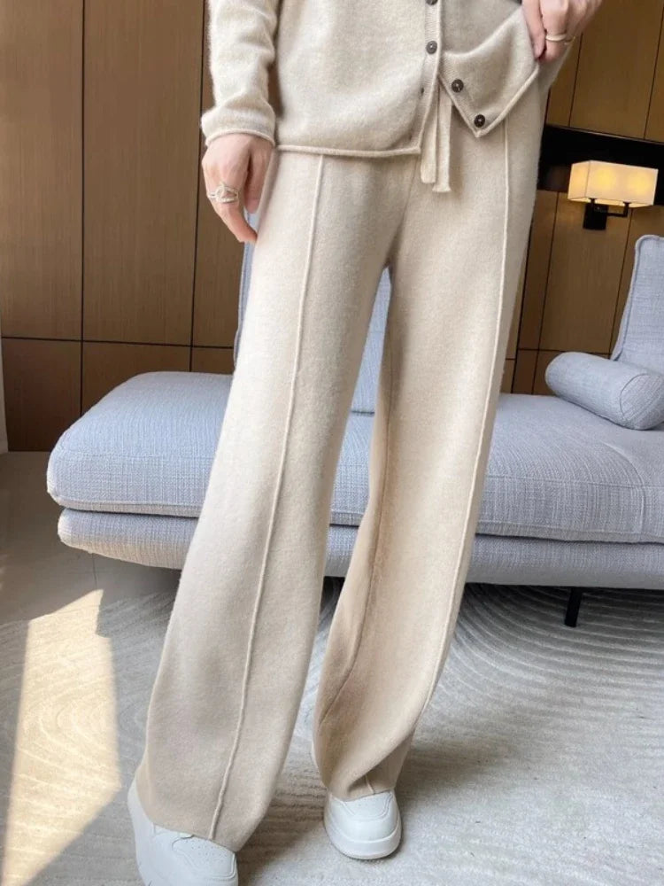 Knitted High Waist Wide Leg Pants - Autumn Winter Straight Trousers