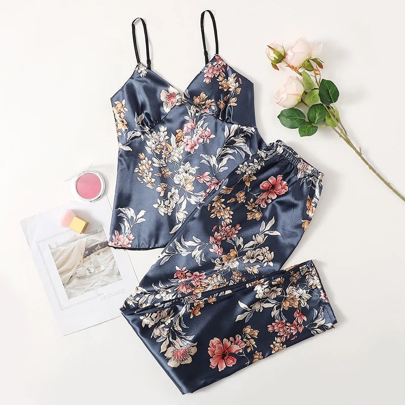 Satin Cami Vest Pajama Set - V Neck Top and Trousers Nightwear