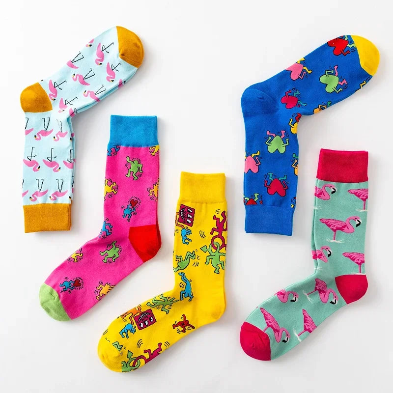 Cartoon Flamingo Cotton Crew Socks - Funny Harajuku Casual Pair