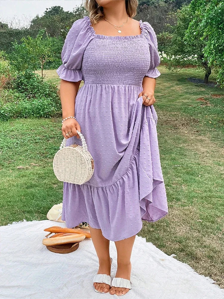 Plus Size Ruffle Hem Midi Dress - Square Neck Backless Outfit