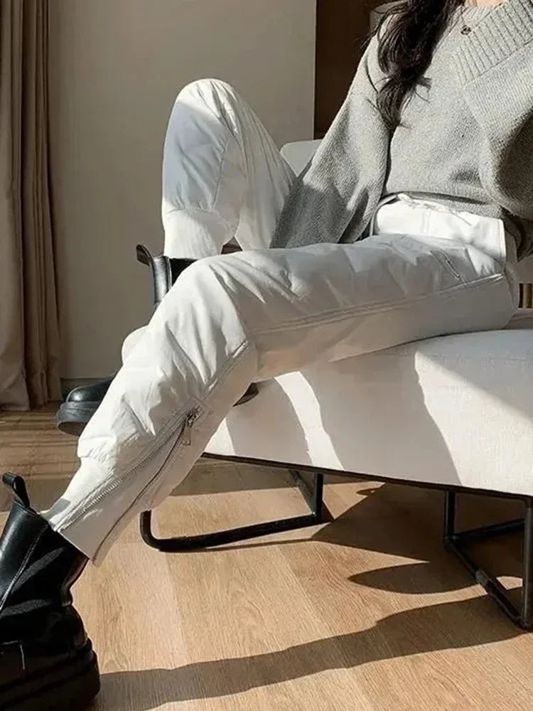 Fleece Lined Side Zip Winter Pants - Windproof Straight Leg Trousers