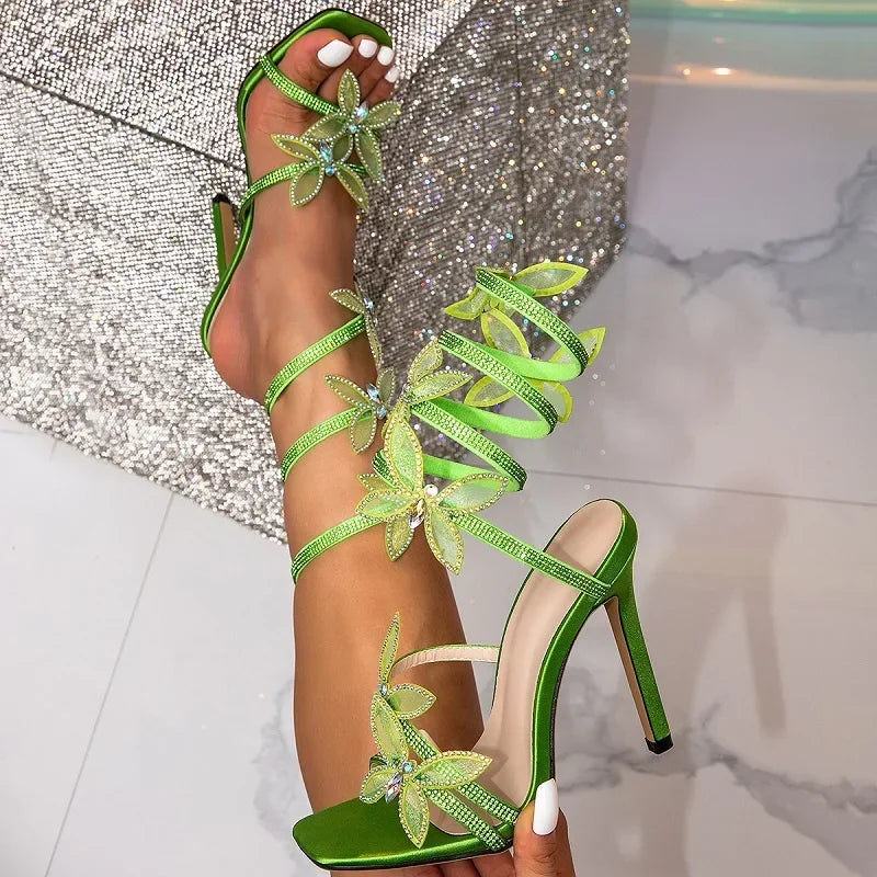 Crystal Butterfly Ankle Strap Sandals - Peep Toe Stiletto Party Pumps